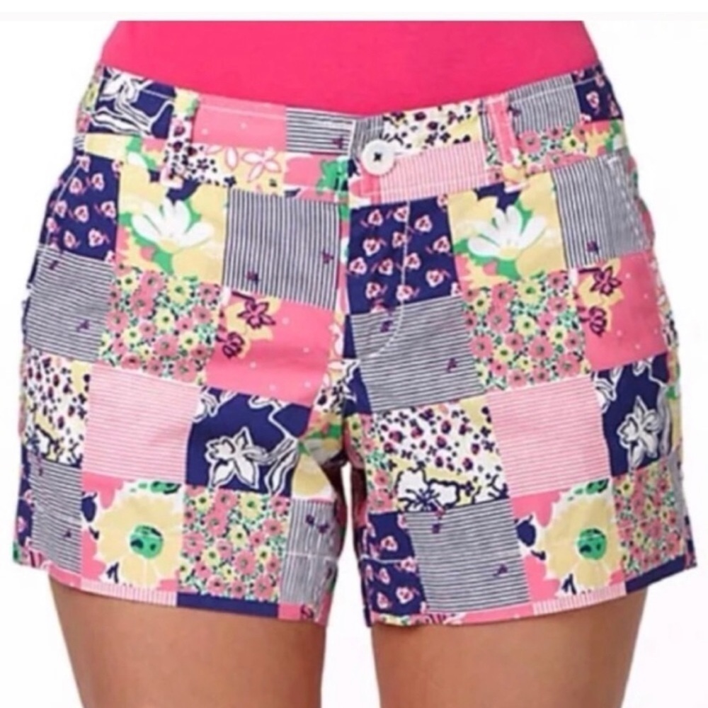 Lilly Pulitzer Callahan Patchwork Shorts Women's 2 Blue Pink Floral Multi 4.5"